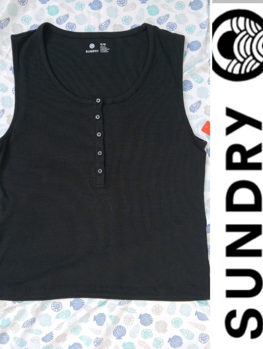 Sundry Anthro Ribbed Henley 5 Button Modal Tank Top, Black